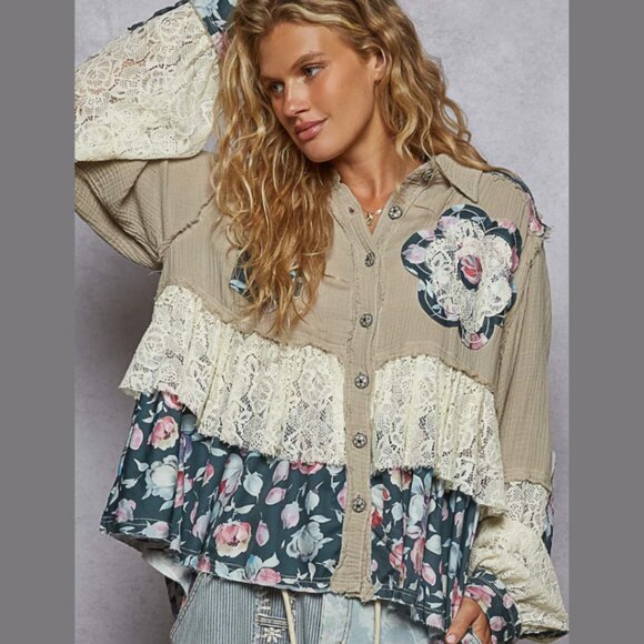 POL Tops - POL Boho Hippie Jacket – Double Gauze & Lace A-Line Top with Floral Ruffle